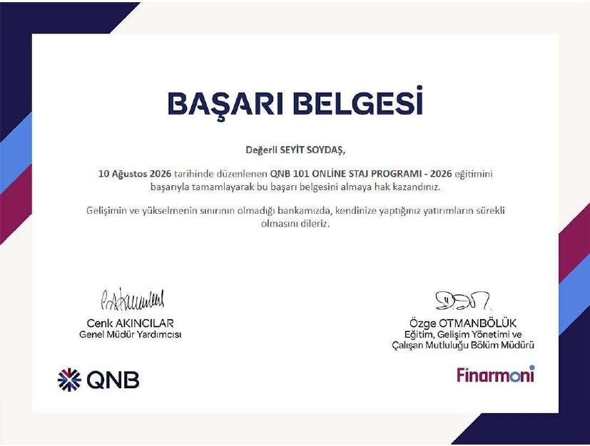 QNB 101 Online Staj Programı başarı belgesi